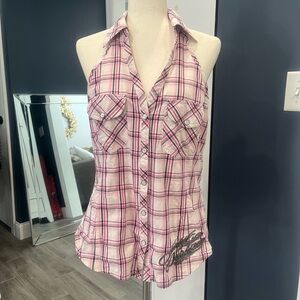 Harley-Davidson Pink and White Plaid Halter Top
